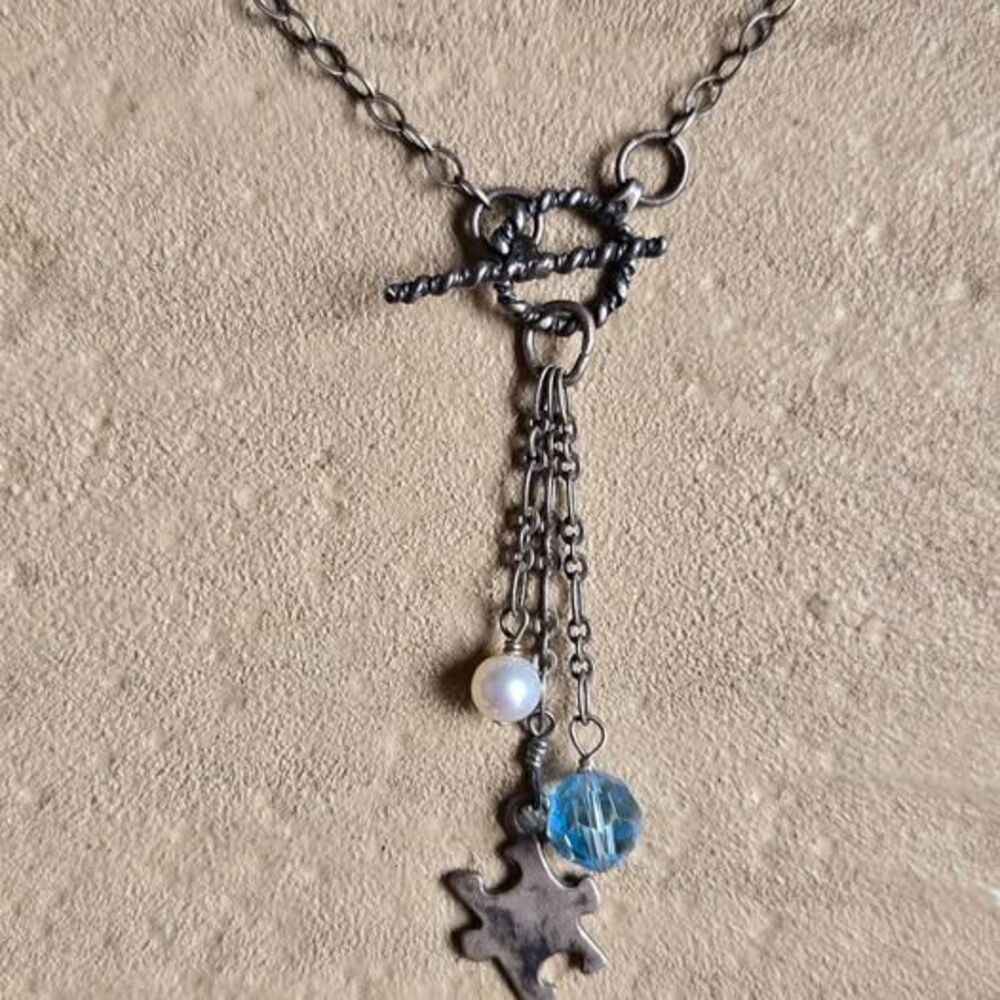 925 Puzzle Piece Charm Necklace with Freshwater Pearl & Blue Crystal Toggle
